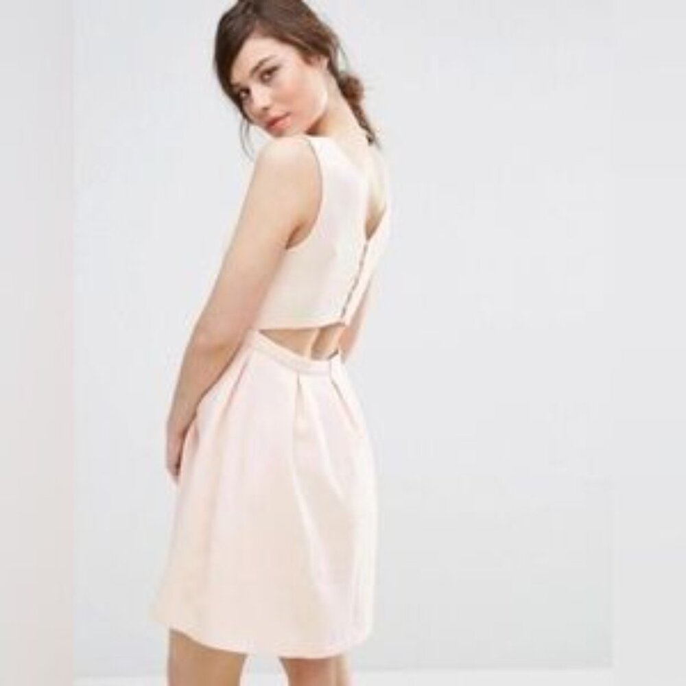 Suncoo Paris Button Back Cut Out Mini Dress Blush Peach Fit Flare Sz T0 XS